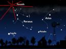 Looking northeast around midnight on August 11-13. The red dot is the Perseid radiant. Although Perseid meteors can appear in any part of the sky, all of their tails will point back to the radiant. [Image courtesy of NASA]